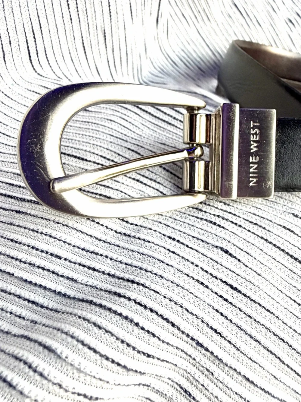 Nine West Black Leather Belt with Silver Oval Buckle